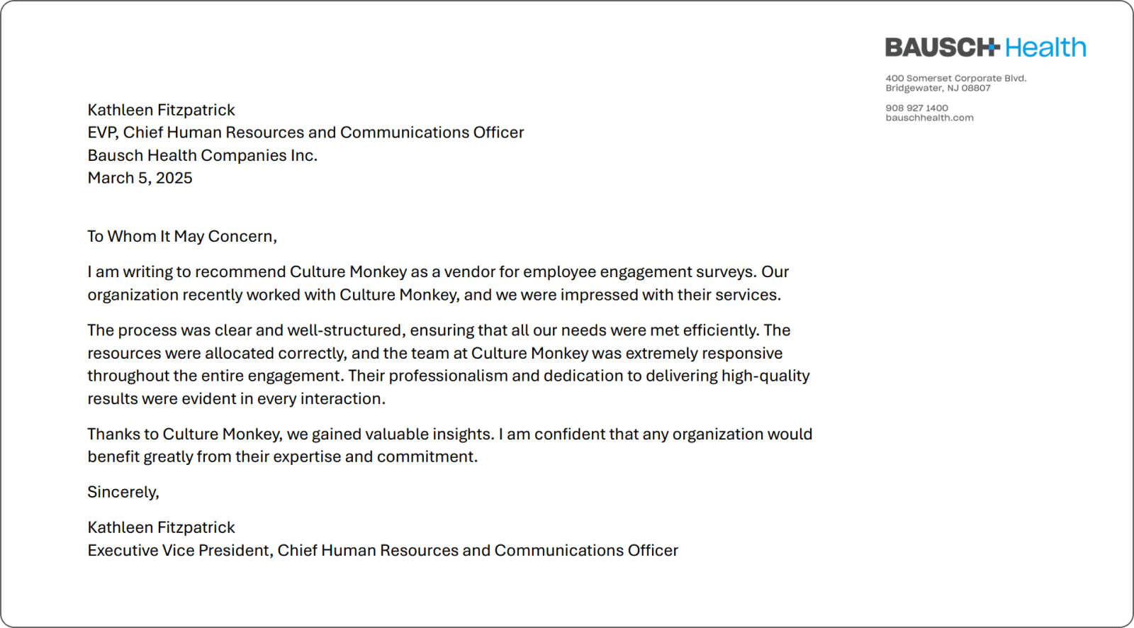 Bausch Health customer testimonial letter