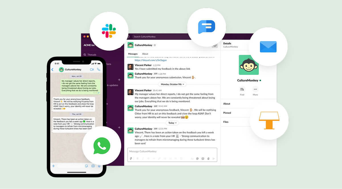 CultureMonkey multi-channel delivery via WhatsApp, Slack, Teams and email
